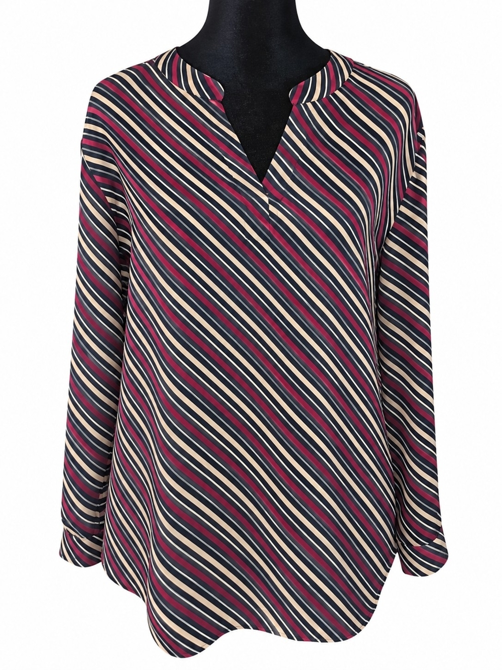Anne Klein Women’s L Striped V Neck Blouse Burgundy Mustard Career Top